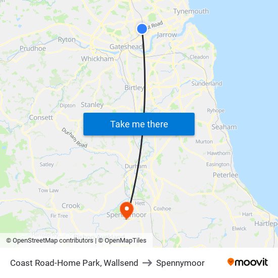 Coast Road-Home Park, Wallsend to Spennymoor map