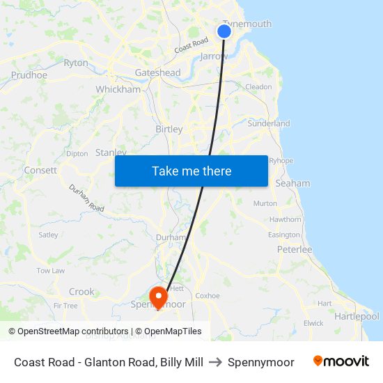 Coast Road - Glanton Road, Billy Mill to Spennymoor map