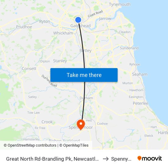 Great North Rd-Brandling Pk, Newcastle upon Tyne to Spennymoor map