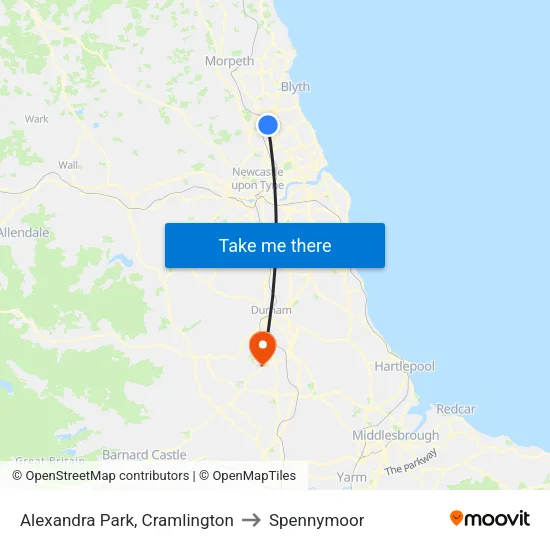 Alexandra Park, Cramlington to Spennymoor map