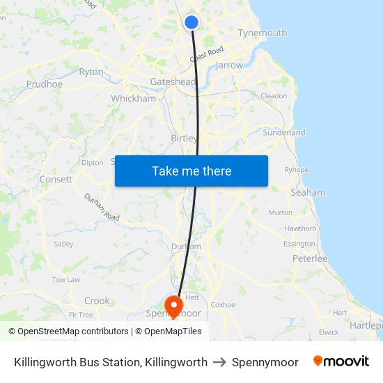 Killingworth Bus Station, Killingworth to Spennymoor map