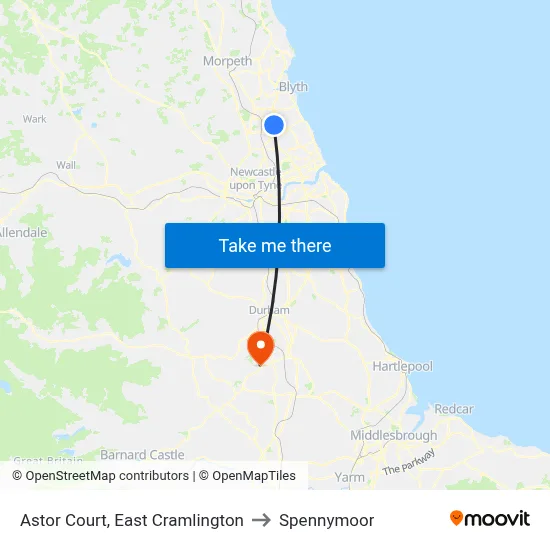Astor Court, East Cramlington to Spennymoor map