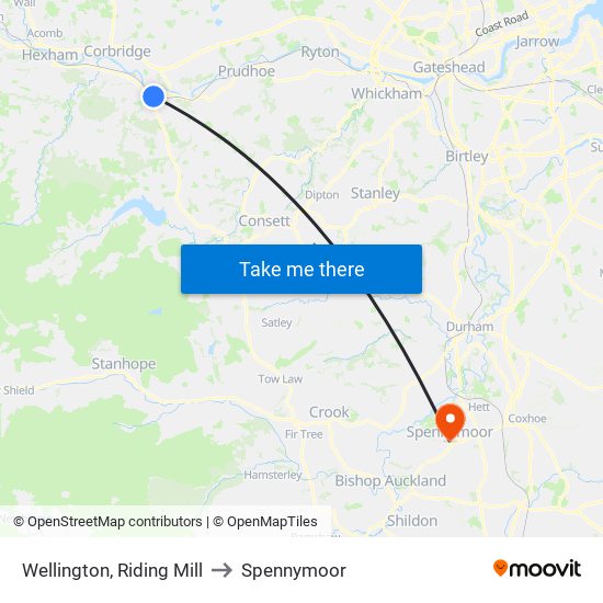 Wellington, Riding Mill to Spennymoor map