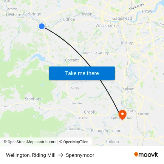 Wellington, Riding Mill to Spennymoor map
