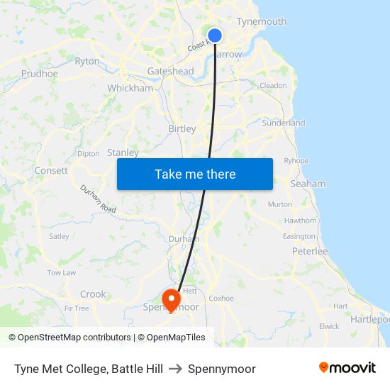 Tyne Met College, Battle Hill to Spennymoor map