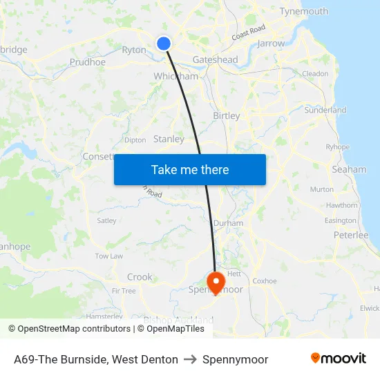 A69-The Burnside, West Denton to Spennymoor map