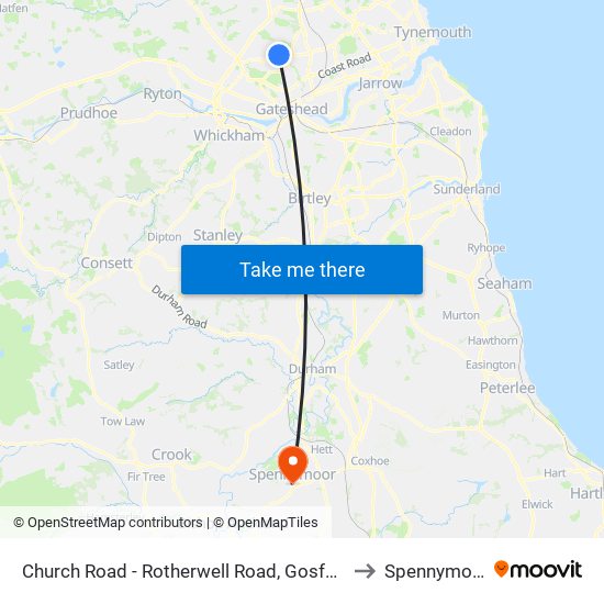 Church Road - Rotherwell Road, Gosforth to Spennymoor map