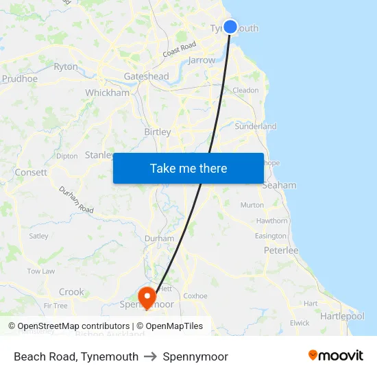 Beach Road, Tynemouth to Spennymoor map