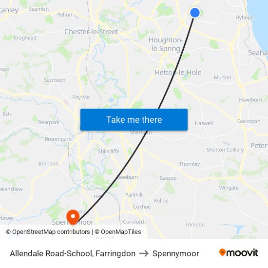 Allendale Road-School, Farringdon to Spennymoor map