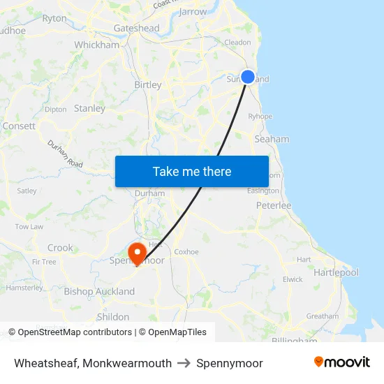 Wheatsheaf, Monkwearmouth to Spennymoor map