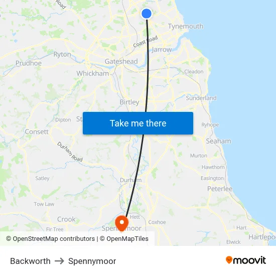 Backworth to Spennymoor map