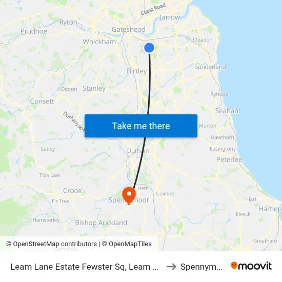 Leam Lane Estate Fewster Sq, Leam Lane to Spennymoor map