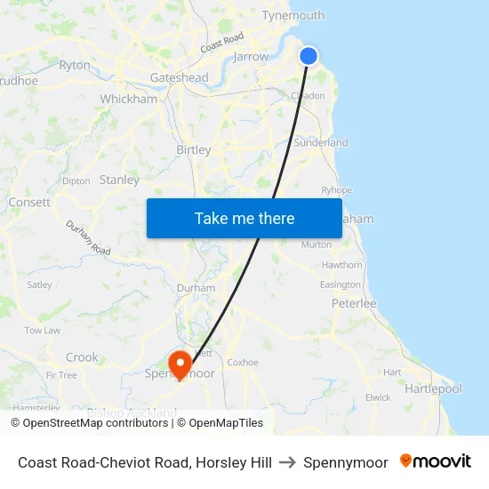 Coast Road-Cheviot Road, Horsley Hill to Spennymoor map