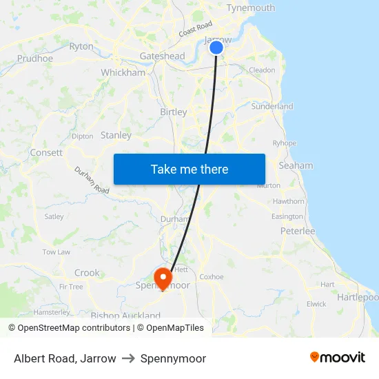 Albert Road, Jarrow to Spennymoor map
