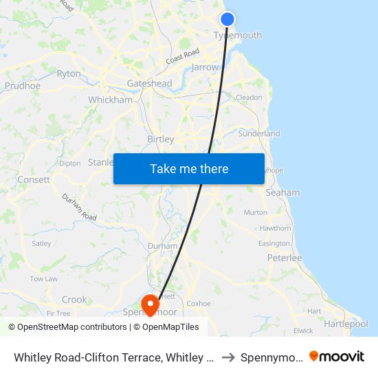 Whitley Road-Clifton Terrace, Whitley Bay to Spennymoor map