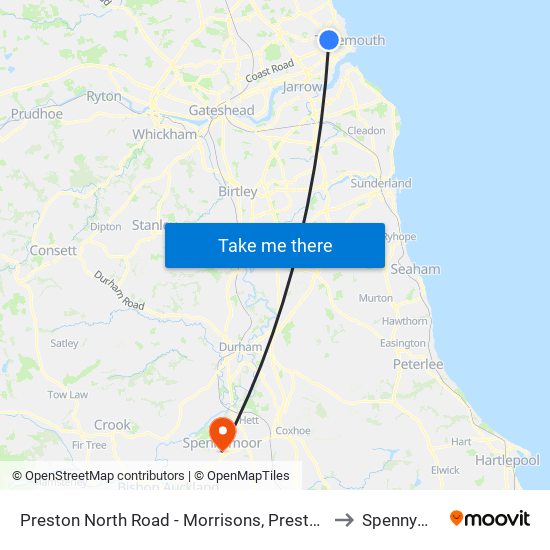 Preston North Road - Morrisons, Preston Grange to Spennymoor map