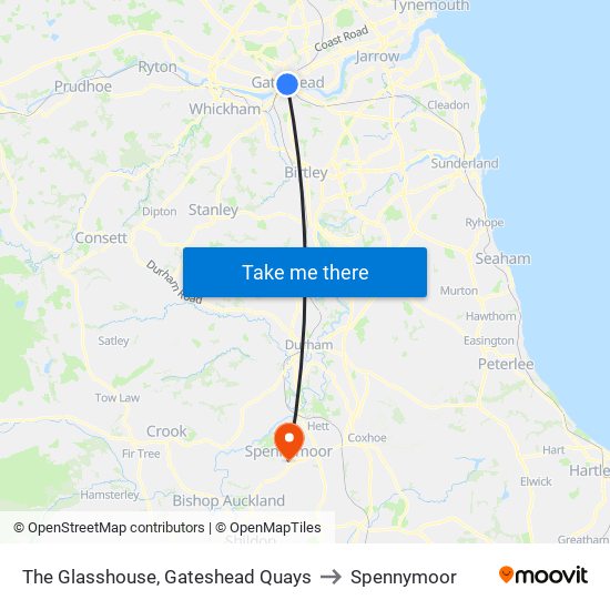 The Glasshouse, Gateshead Quays to Spennymoor map