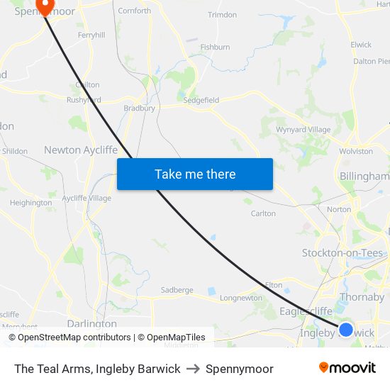 The Teal Arms, Ingleby Barwick to Spennymoor map