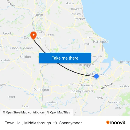 Town Hall, Middlesbrough to Spennymoor map