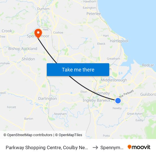 Parkway Shopping Centre, Coulby Newham to Spennymoor map