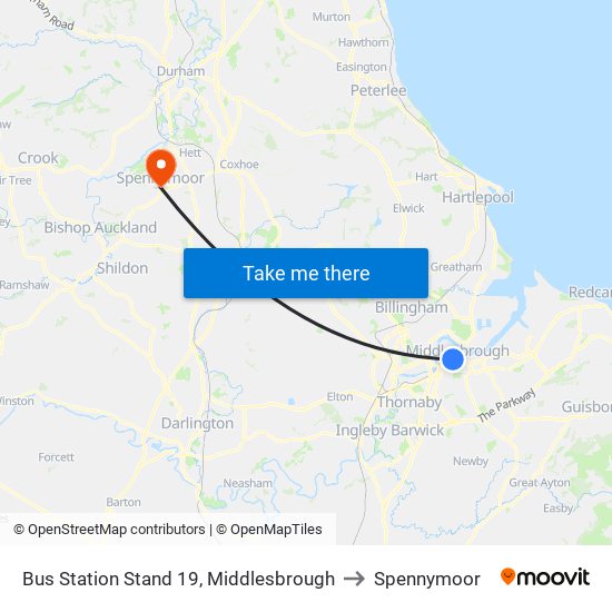 Bus Station Stand 19, Middlesbrough to Spennymoor map