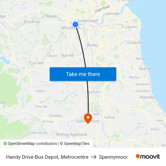 Handy Drive-Bus Depot, Metrocentre to Spennymoor map