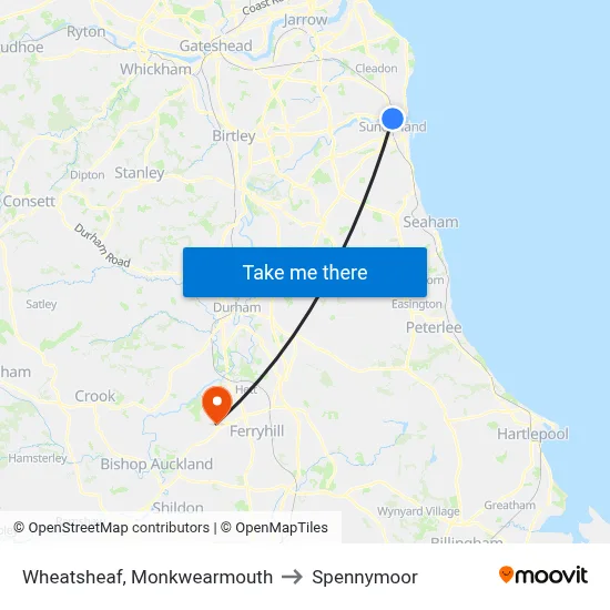 Wheatsheaf, Monkwearmouth to Spennymoor map
