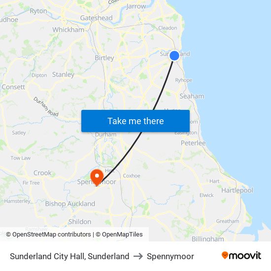 Sunderland City Hall, Sunderland to Spennymoor map