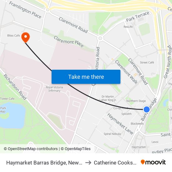 Haymarket Barras Bridge, Newcastle upon Tyne to Catherine Cookson Building map