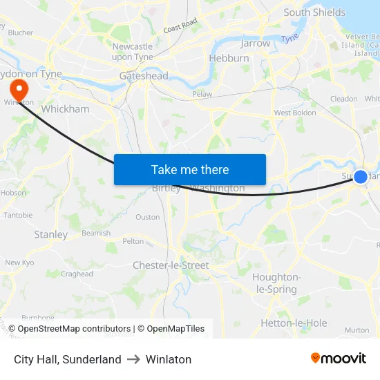 City Hall, Sunderland to Winlaton map