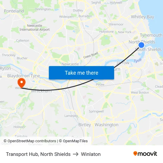 Transport Hub, North Shields to Winlaton map