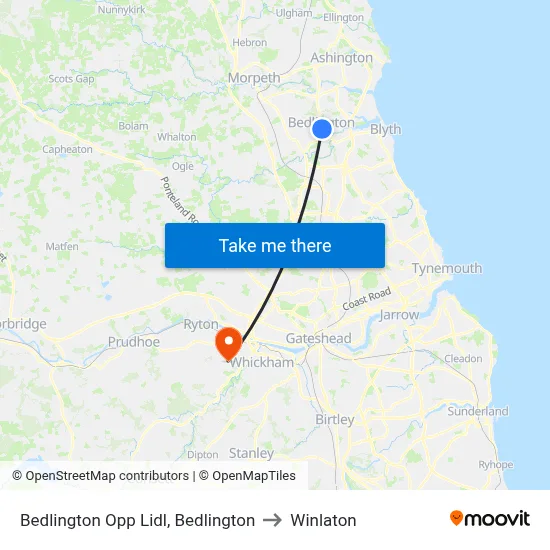 Bedlington Opp Lidl, Bedlington to Winlaton map