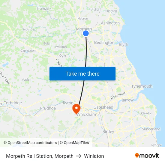 Morpeth Rail Station, Morpeth to Winlaton map