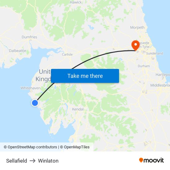 Sellafield to Winlaton map