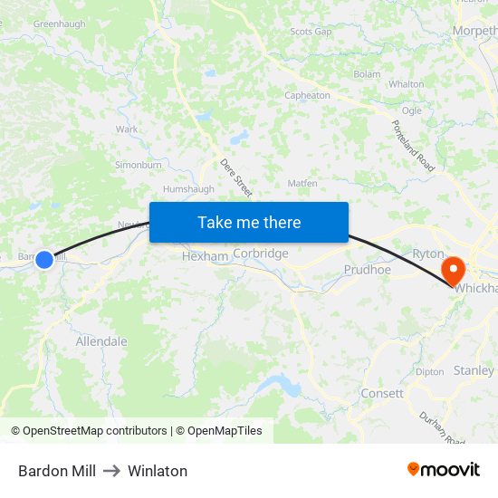Bardon Mill to Winlaton map