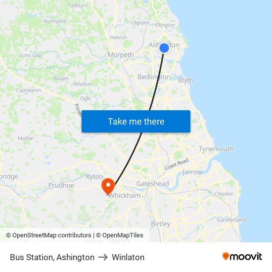 Bus Station, Ashington to Winlaton map