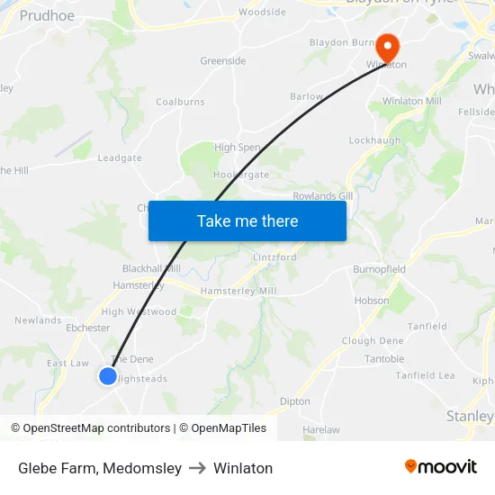 Glebe Farm, Medomsley to Winlaton map
