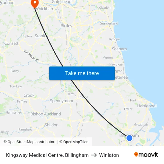 Kingsway Medical Centre, Billingham to Winlaton map