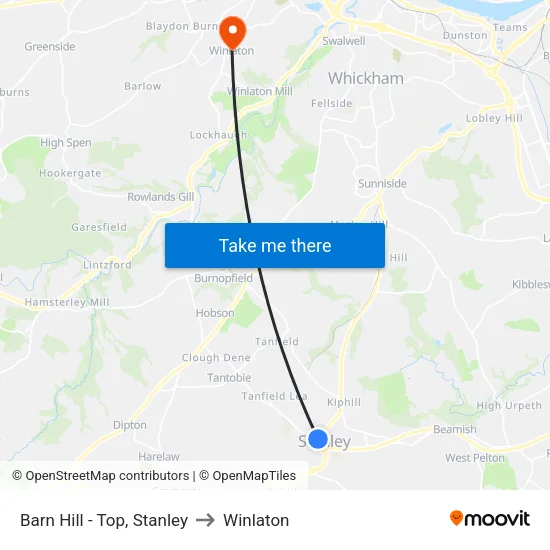 Barn Hill - Top, Stanley to Winlaton map