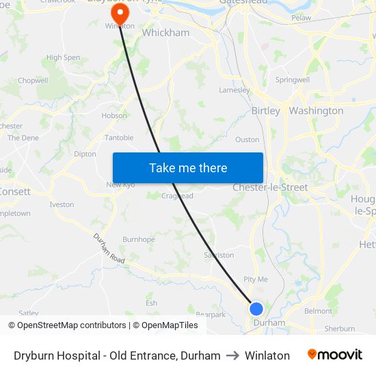 Dryburn Hospital - Old Entrance, Durham to Winlaton map