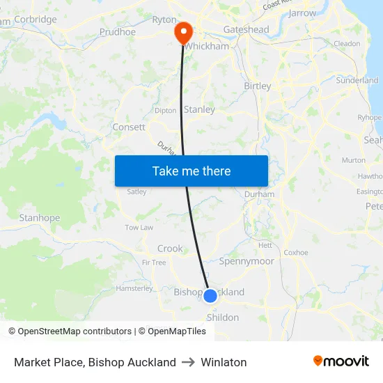 Market Place, Bishop Auckland to Winlaton map
