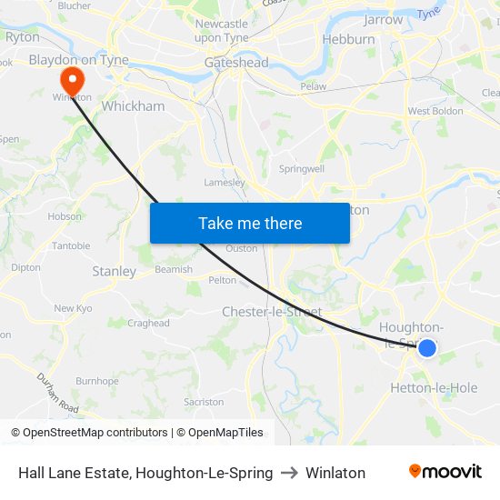 Hall Lane Estate, Houghton-Le-Spring to Winlaton map