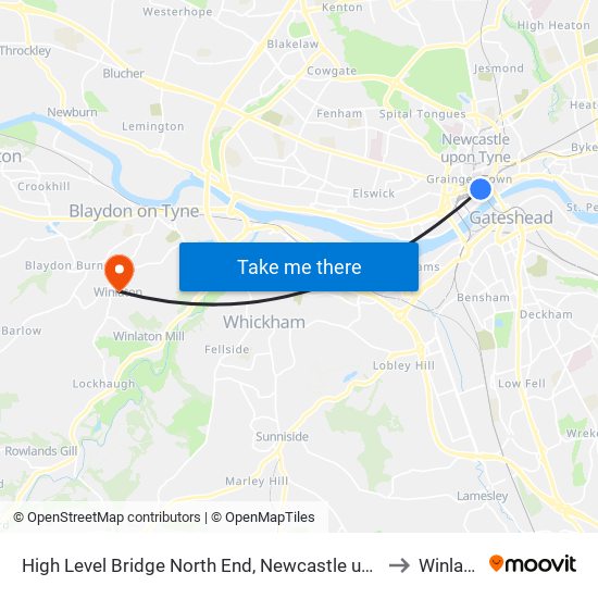 High Level Bridge North End, Newcastle upon Tyne to Winlaton map