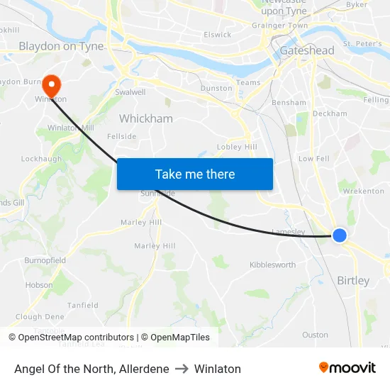 Angel Of the North, Allerdene to Winlaton map