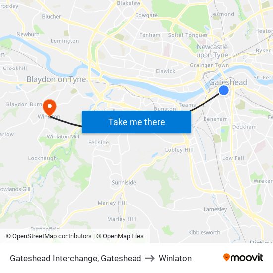 Gateshead Interchange, Gateshead to Winlaton map