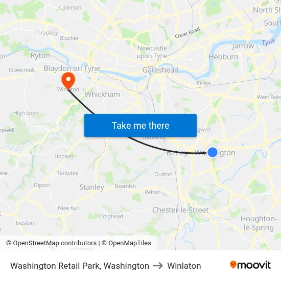 Washington Retail Park, Washington to Winlaton map