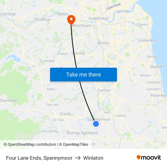 Four Lane Ends, Spennymoor to Winlaton map