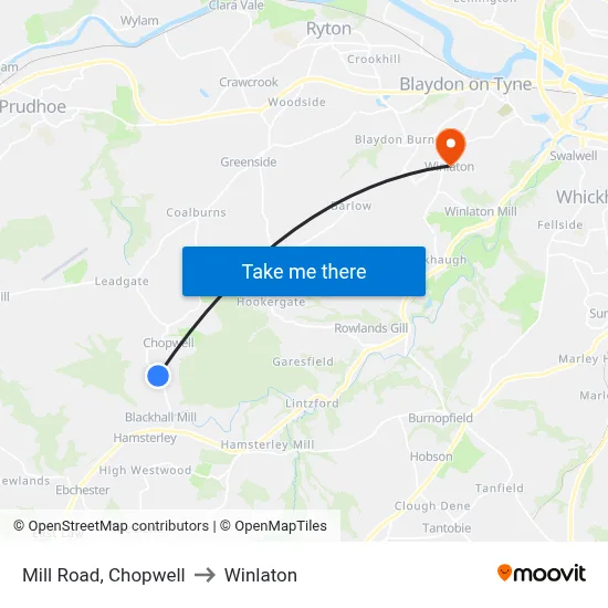 Mill Road, Chopwell to Winlaton map