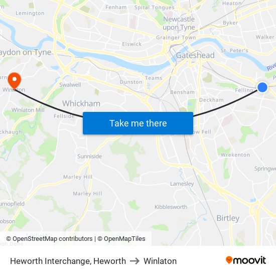 Heworth Interchange, Heworth to Winlaton map