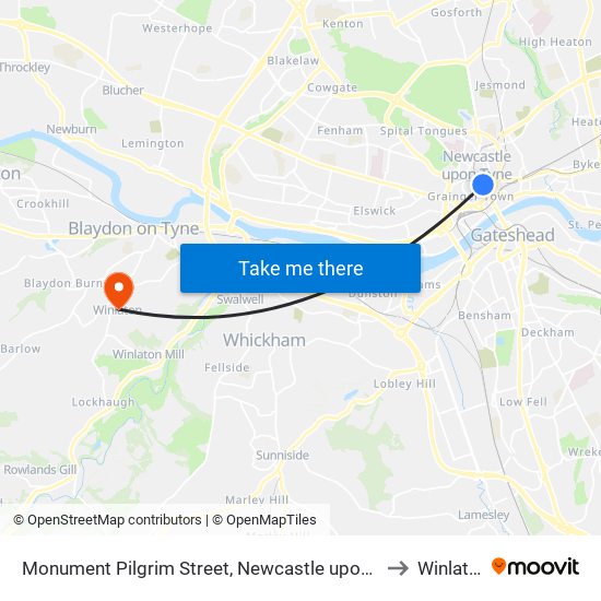 Monument Pilgrim Street, Newcastle upon Tyne to Winlaton map